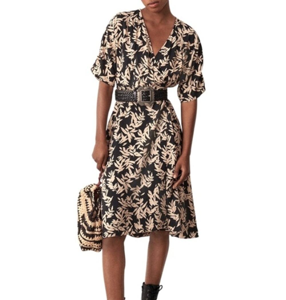 Ba&sh Tabby Wrap Dress Black & Beige Print Midi Length Womens Small
